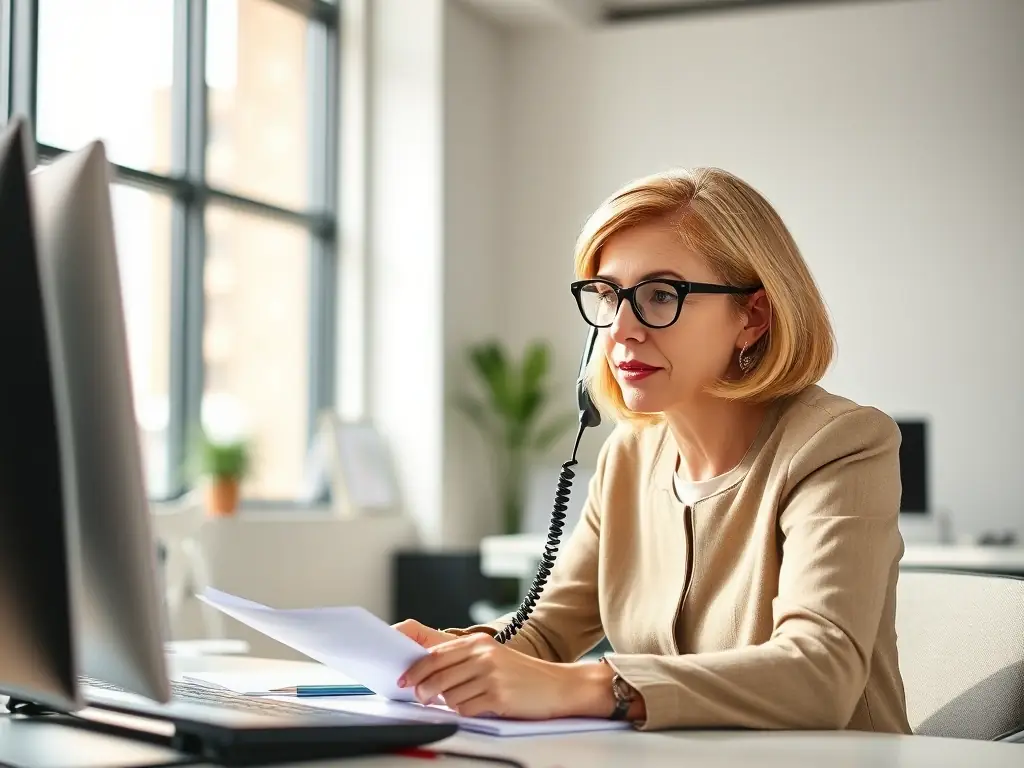 A professional market researcher conducting a telephone survey in a modern office setting, focusing on clear communication and data accuracy.