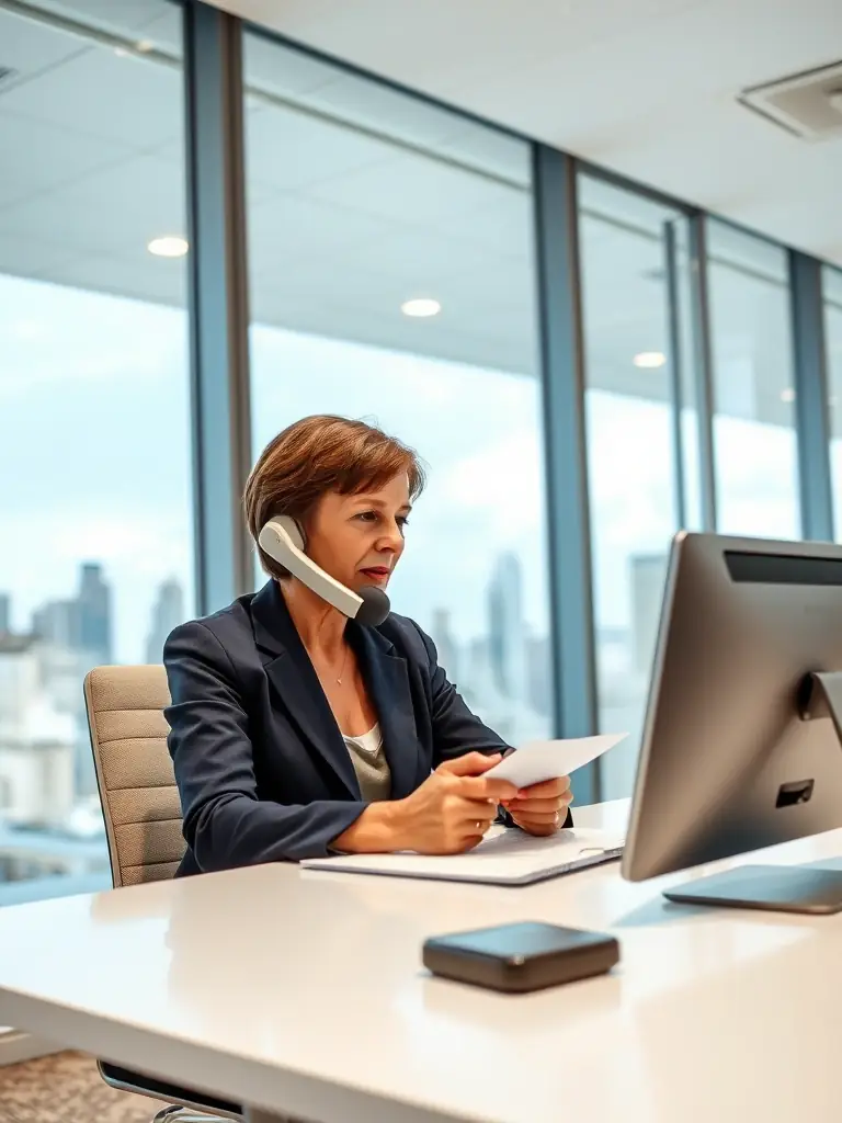 A professional photograph of a person conducting a telephone mystery shopping call in a modern office setting, focusing on their attentive expression and the professional environment.