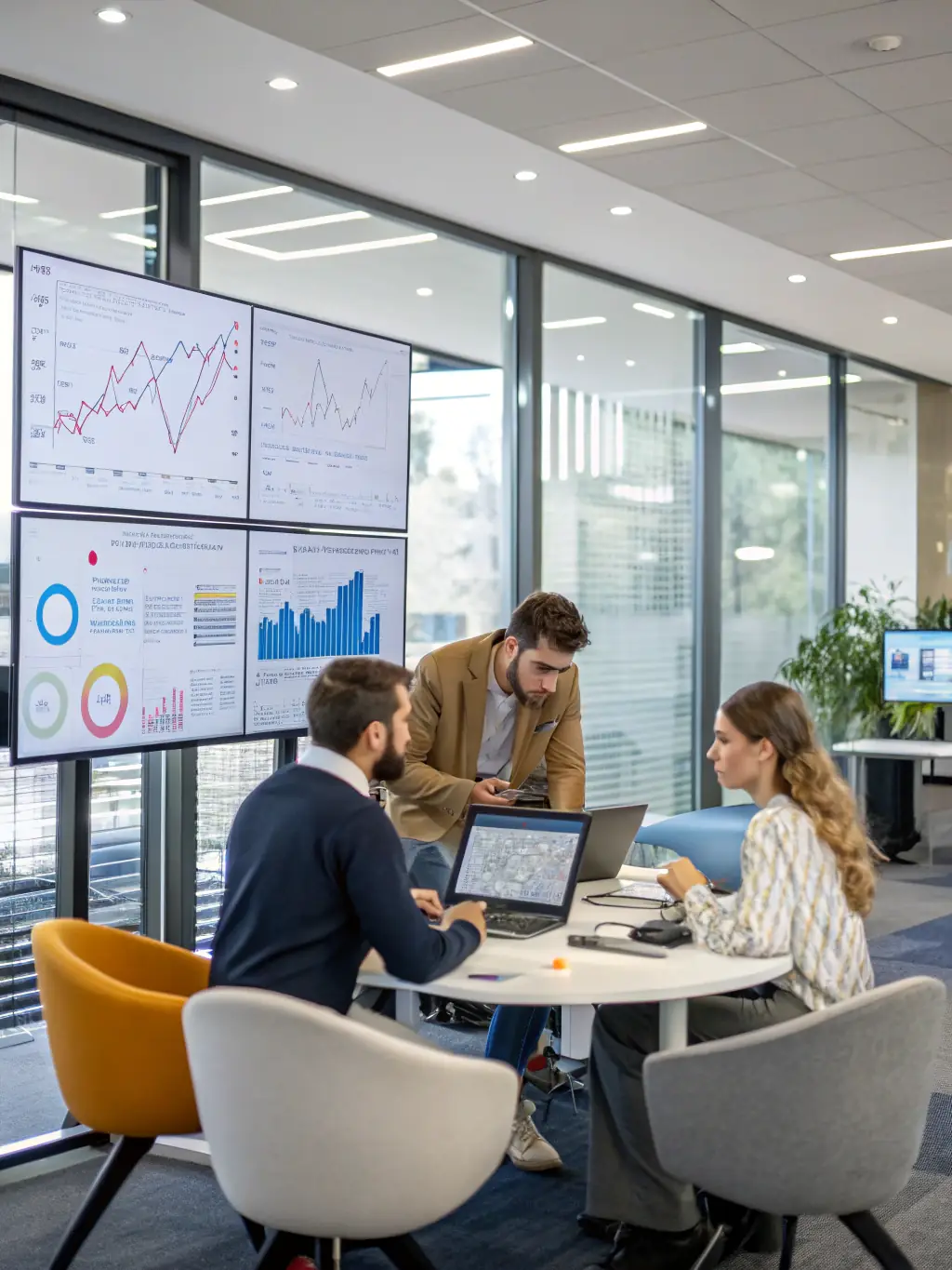 A diverse group of market researchers collaborating around a table, analyzing charts and graphs, with a focus on data-driven insights and strategic planning for Pearl Marketing Research.