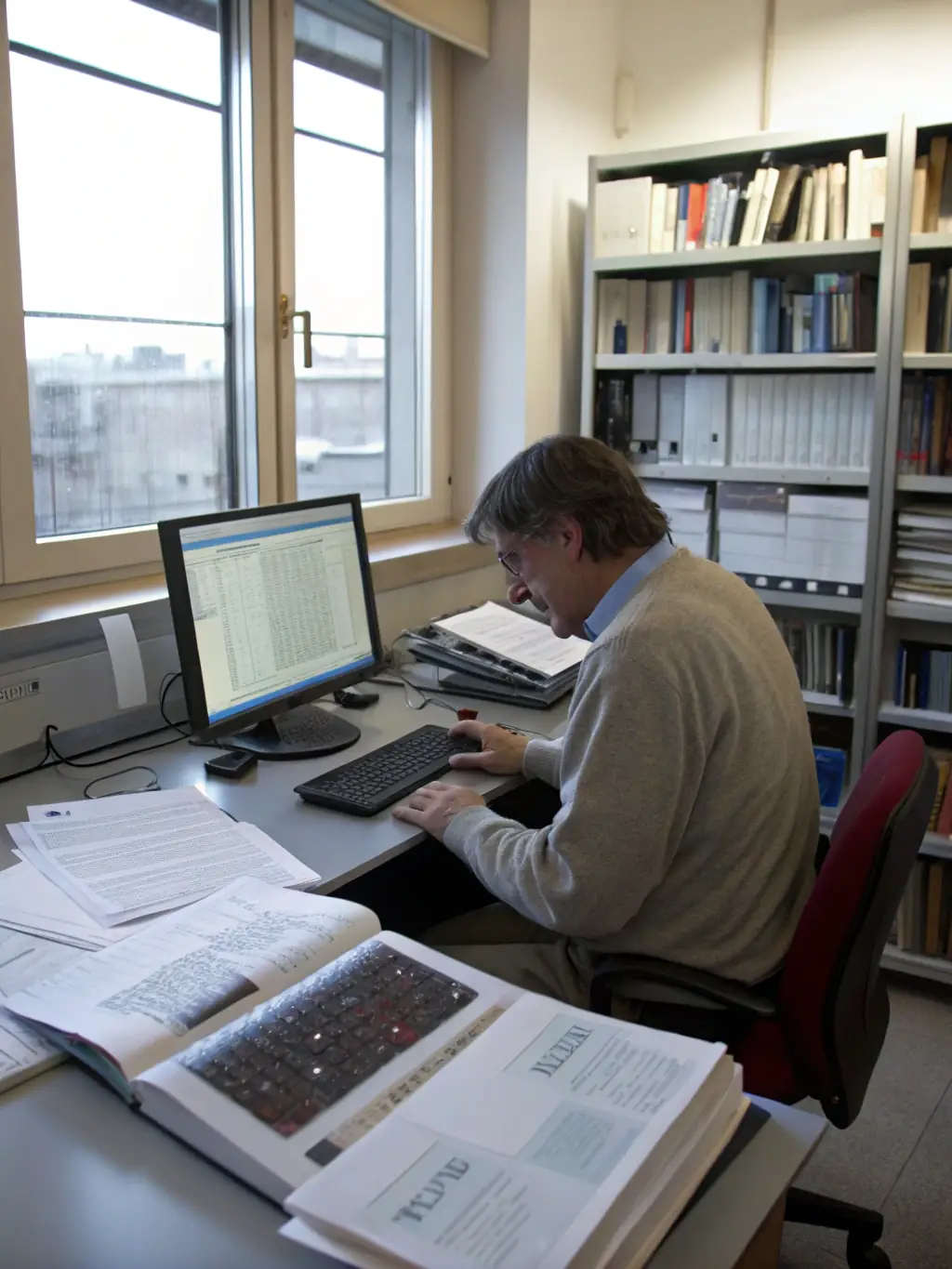 A focused researcher analyzing survey data on a computer screen, highlighting the data-driven approach to customer surveys.