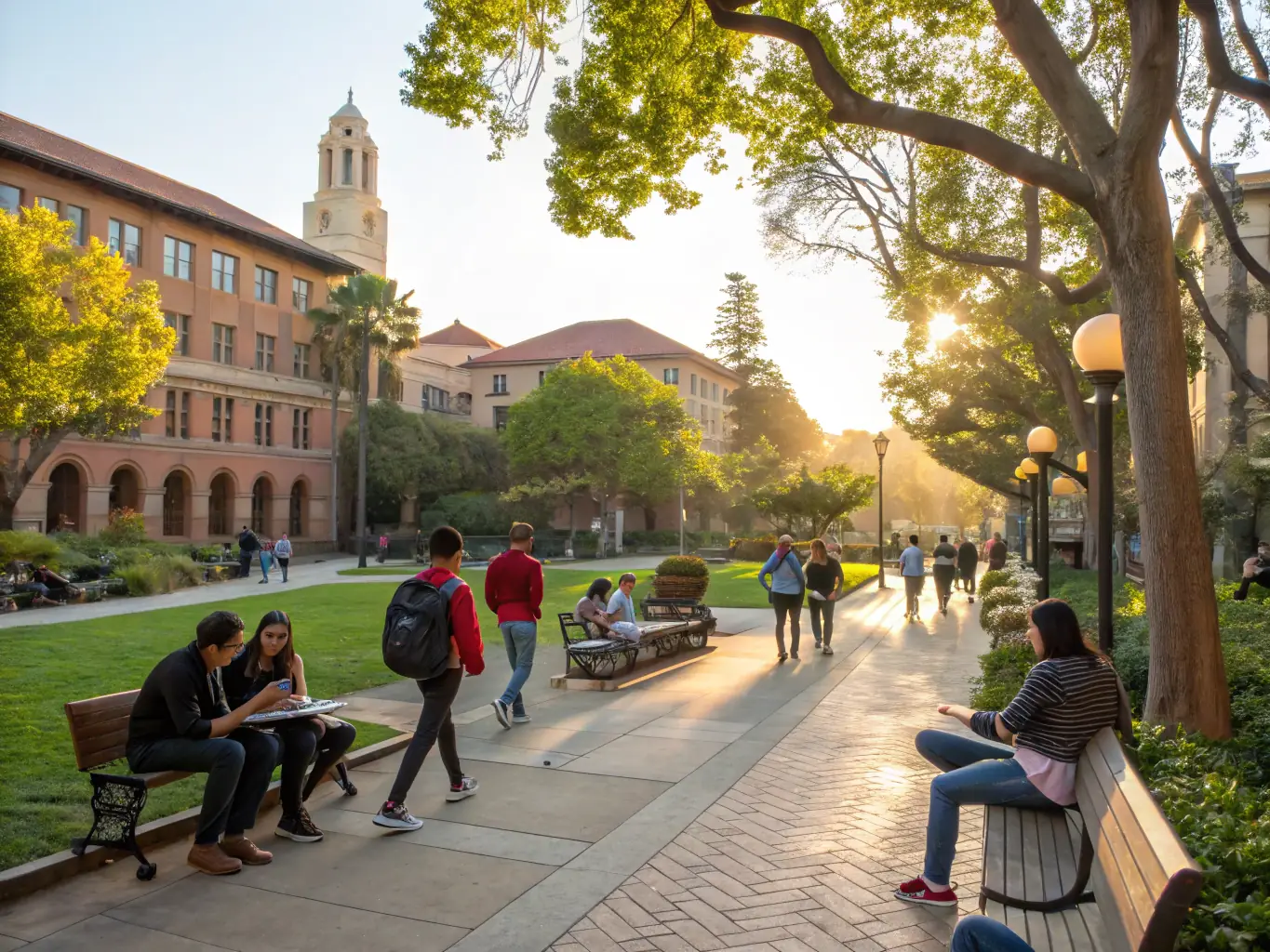 A vibrant university campus scene with students, showcasing the value of market research in enhancing campus services and educational experiences.